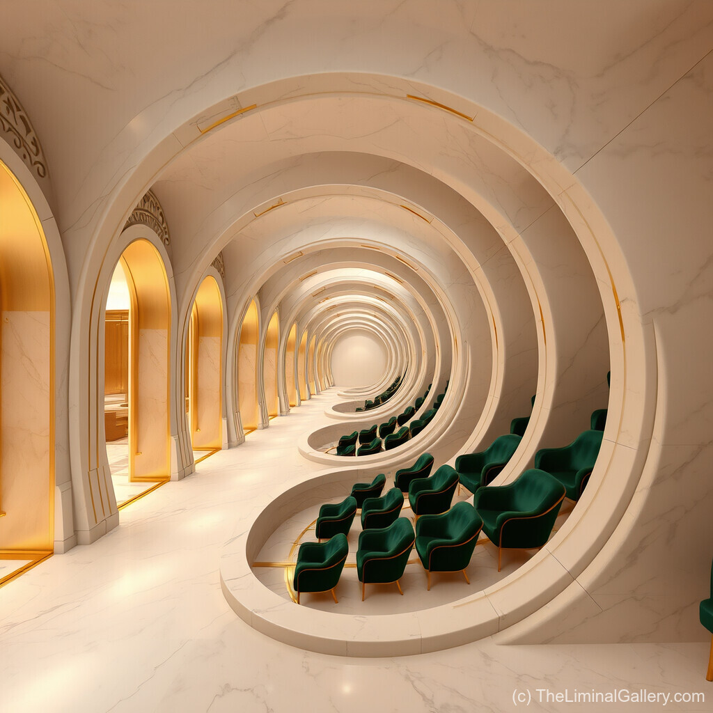 A luxurious marble theater transformed into an infinite lounge, blending timeless elegance with surreal, dreamlike wonder.